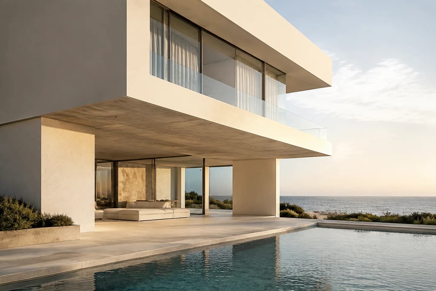 Architectural concept: a white coastal residence overlooking the ocean